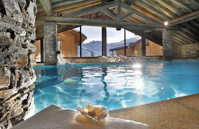 Chalet style, on slopes, balcony, pool, view