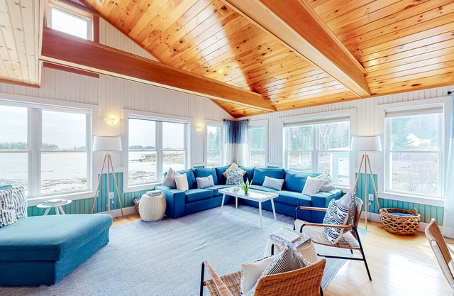 Dazzling ocean-view house with fireplace, deck, firepit, central AC, & W/D