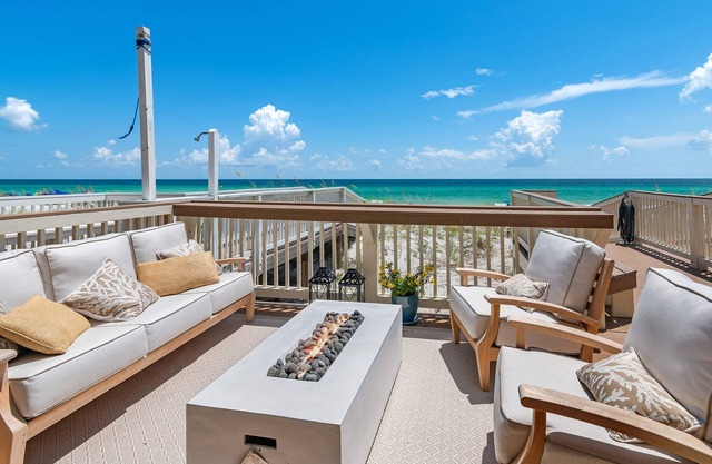 Direct beachfront luxury in Destin! Enjoy sweeping Gulf views from 3 patios, private beach access with chairs & umbrellas, a movie room, pinball, and a designer kitchen with Viking & Wolf appliances. Sleeps 14 in style and comfort.