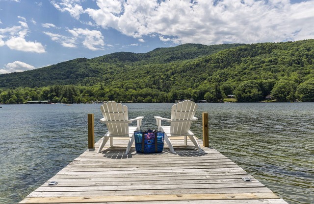 Lake Sunapee waterfront w/sandy bottom & private dock w/mountain views