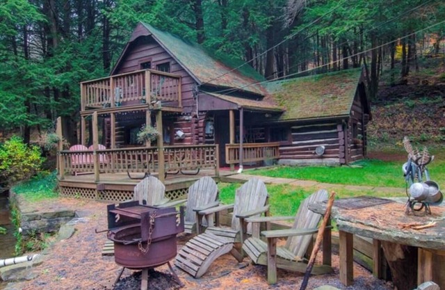 Log Cabin on Stream Firepit 1 g WiFi Cherry Spring