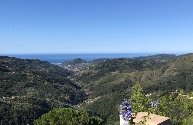 Panoramic view of the Mediterranean Sea and the Ligurian mountains.