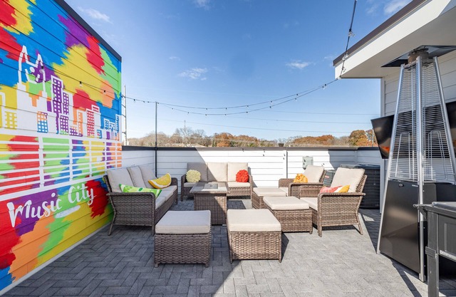 Rooftop Patio! Fire Pit, TV, Mural + Skyline View!