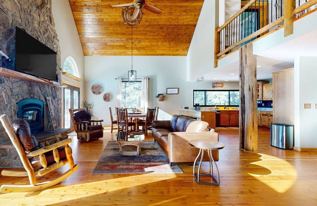 Secluded mountain-view home with private hot tub, fireplace, & chef's kitchen