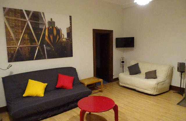 Studio, separate bedroom. Large, bright living room. Close to shops.