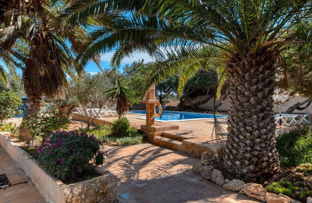 Typical renovated house with large swimming pool and garden and barbecue.