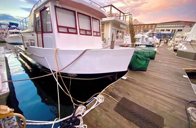 Vintage 1969 Boat on the Providence Marina near Brown University and RISD