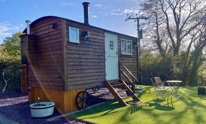 Henryd House | A quiet and cosy Shepherds Hut, with wood burning fire with scenic views