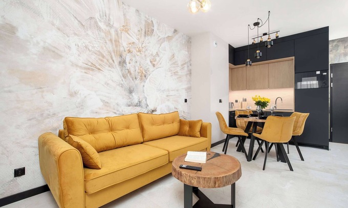 Rzeszow Apartment | Al. Kopisto 11 Rzeszów | Black and Yellow Apartment with Air Conditioned Living