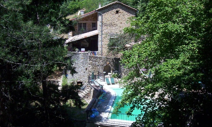 Vals-les-Bains House | Ardèchoise ouse-heated pool-view of the Ardèche mountains