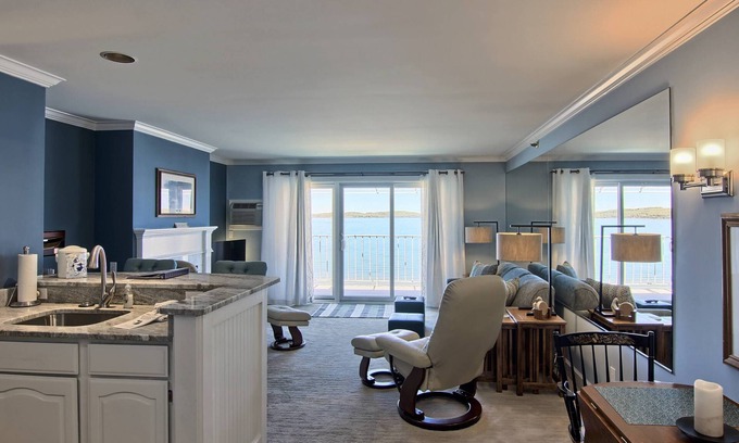 Boyne City Condo | Balcony Overlooking Lake Charlevoix | Peaceful downtown Boyne | Fireplace |