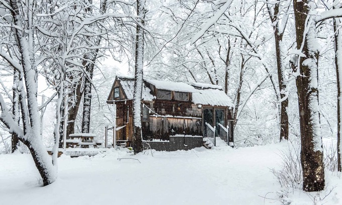 Johnson House | Caboose Tiny Home on river with hot tub near Stowe