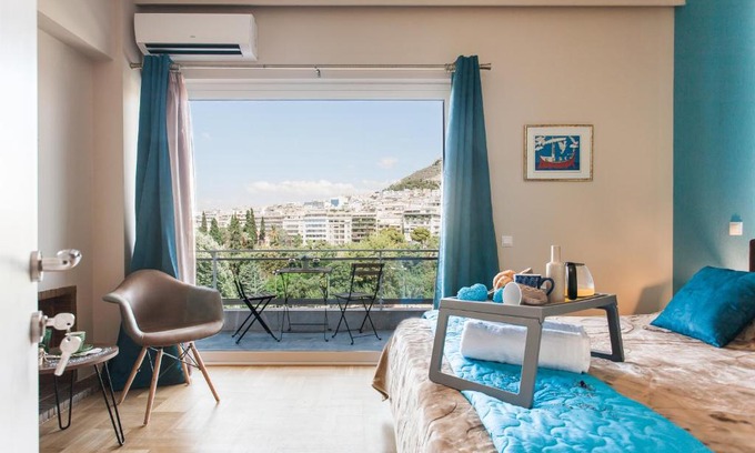 Pangrati Apartment | Central high-class and safe rooms next to Metro Airport Line with Acropolis View from balcony