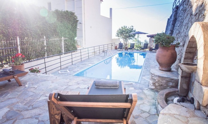 Roussospiti Villa | Charmful villa, stunning views,pool, hot tub & BBQ