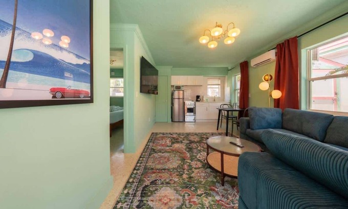 Bay Esplanade Apartment | Fresh for 2025: Retro Beach Oasis with Color Pop