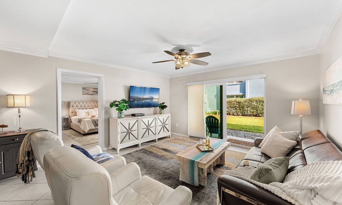 South Patrick Shores Condo | Ground Floor Beachfront Coastal Getaway w/Pool & Beach Views