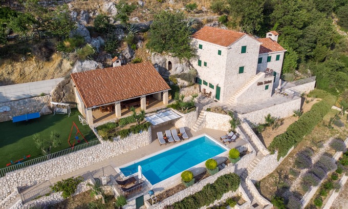 Slivno Villa | Imposing stone vila magical sea view private tennis court wine cellar pool