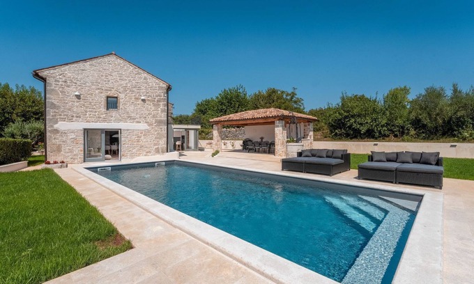 Vosteni House | Impressive stone finca with private saltwater pool, panoramic sea views, barbecue
