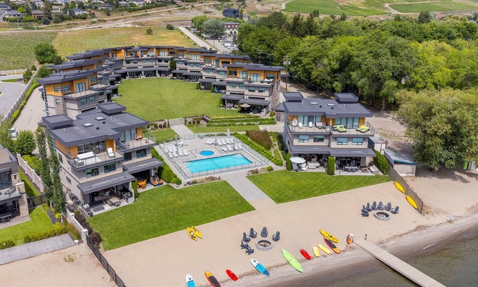 Central Okanagan House | Lakefront Townhome with Private Beach and Boat Dock