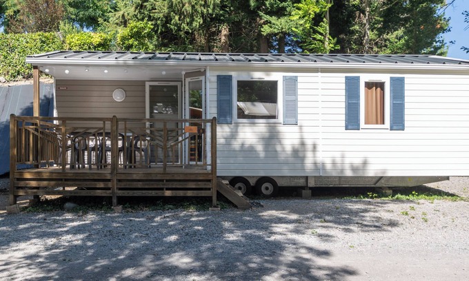 Lavilledieu RV Rental | Mobile Home 'Confort A - 1-8 Pers' with Shared Pool, Private Terrace and Shared Garden
