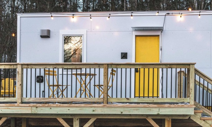 Johnson House | Modern Tiny House with hot tub & river near Stowe