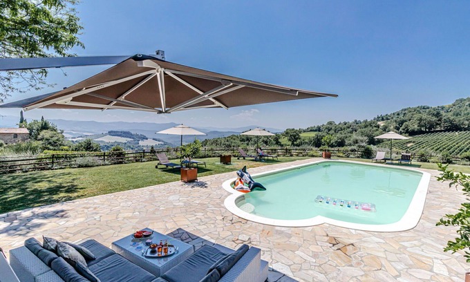 Montecatini Val di Cecina Villa | Private Villa with WIFI, private pool, A/C, hot tub, TV, pets allowed, panoramic view, parking