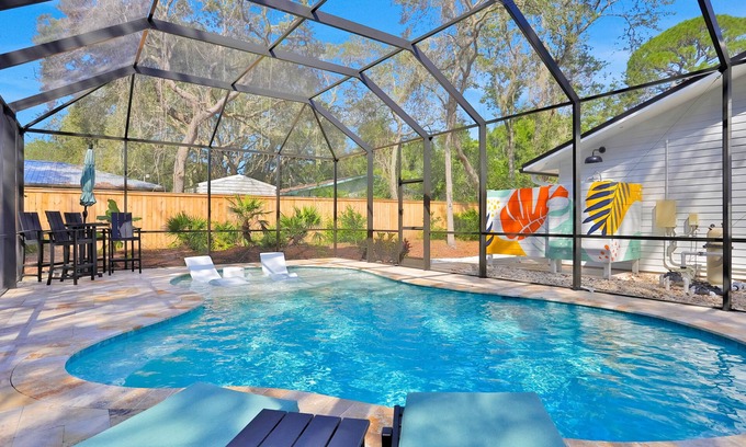 St. Augustine South House | Renovated home with private pool, patio, outdoor fireplace, & grill