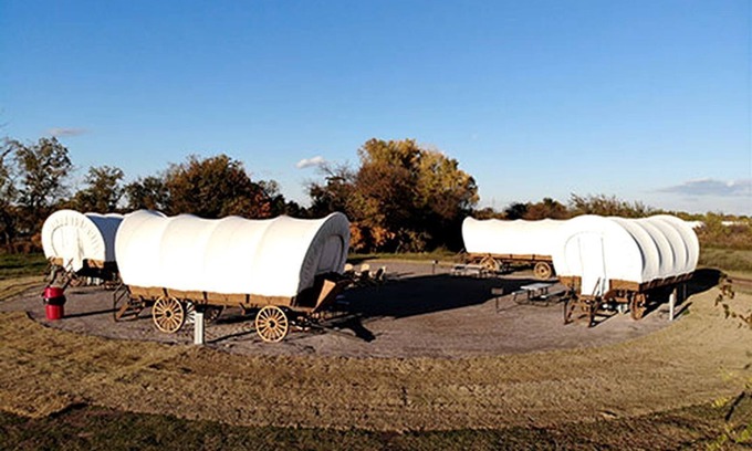 South Oklahoma City House | Rustic Conestoga Glamping Covered Wagon for Amazing Getaways to Oklahoma Farm