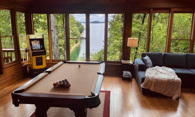 Sevierville Cabin | Rustic Lakefront Cabin near Smokies w/Hot Tub, Firepit, Pool Table + Views!