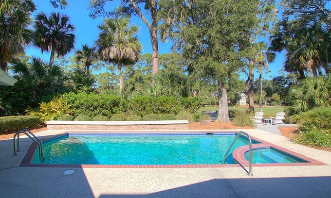 Beach Lagoon House | Sea Pines Beach Home with 4+BRs, Private Pool, Golf View & Short Walk to Beach!