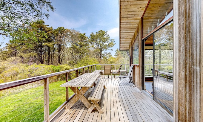 Chilmark House | Secluded mid-century home with wraparound deck, yard, grill, partial AC, & W/D