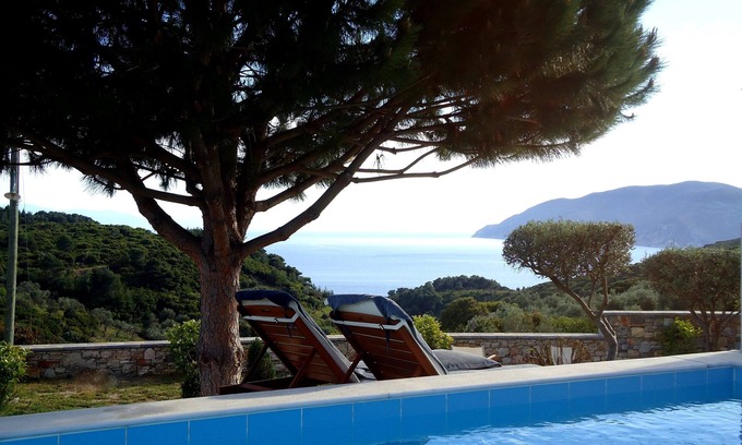 Alonissos Villa | Super modern villa & pool in quiet location with stunning views out to sea