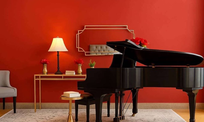 Downtown Dallas Apartment | The Red Room. Double King Bed. Grand Piano
