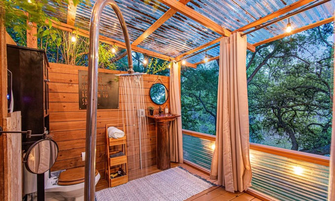 Pedernales Bend Cabin | Treehouse Style Yurt near Austin, Hot Tub, FirePit, Outside Shower