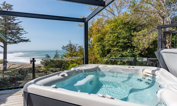Gualala House | Updated home with ocean views, private hot tub, fire table, outdoor kitchen