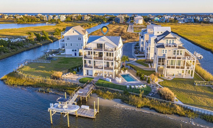 Surf City House | Waterfront Home private pool, dock, hot tub & beach access, best view on island